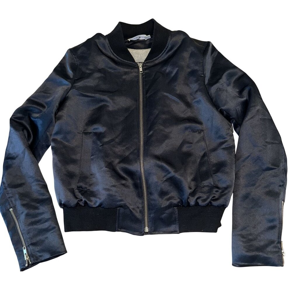 ALC Edison Black Satin Grey Hoodie Convertible Bomber Jacket Women's Small S